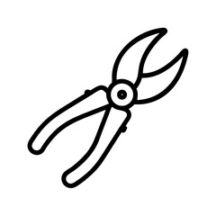 Outline drawing of a pair of pruning shears with curved blades and ergonomic handles isolated on white 100