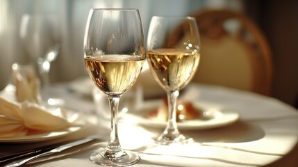 Two Wine Glasses with White Wine, Elegant Table Setting, Soft Overhead Light, Blurred Background