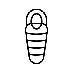 Outline drawing of a sleeping bag with horizontal lines and a hood design on a white background image
