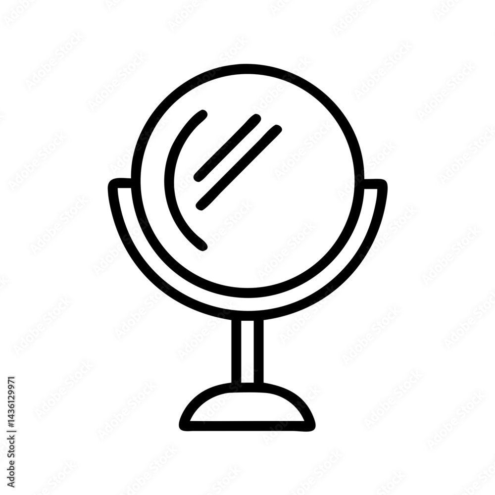 Poster Outline drawing of a round vanity object with stand and reflection lines on the surface design is shown