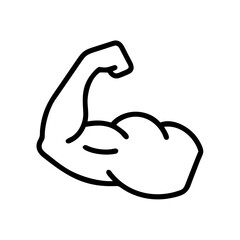 Stylized graphic of a muscular arm flexing its bicep with a bold outline on a bright white background