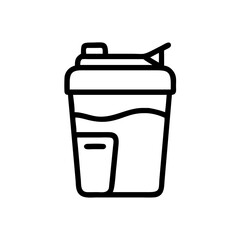 Outline drawing of a shaker bottle with liquid and a small compartment on the side, simple design style