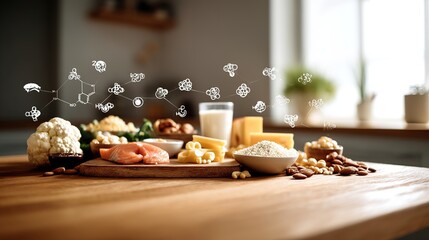 Vibrant Array of Protein-Rich Foods on Wooden Table, Nutrient Symbols Floating Above, Soft Focus Kitchen Background, Balanced Diet Concept