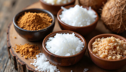 Various types of salt and sugar arranged in small bowls on a wooden platter in a rustic kitchen