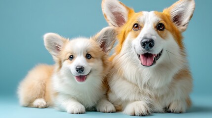 Adorable corgis, parent and pup, posing together