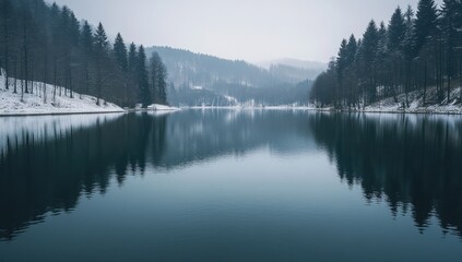 Fototapeta premium Winter Serenity: Frozen Lake and Snowy Forest