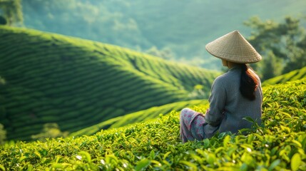 Woman in conical hat sits amidst vibrant green tea plantation on hillside, overlooking scenic landscape.