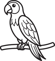 cute macaw sitting on branch line art, black outline, vector and illustration, coloring book page line art drawing