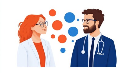 Fototapeta premium Illustrated concept of medical consultation between woman and man healthcare professionals in flat vector style with speech bubbles and clean design