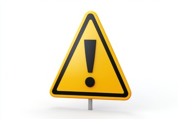 A yellow warning sign with exclamation point on a gray pole base isolated on white background
