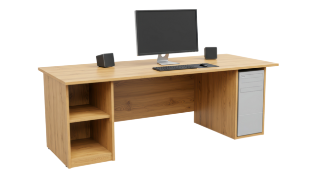 Isolated Light Wood Desk with Computer Setup