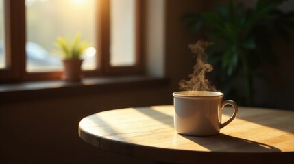 Warm morning sunlight streams through a window, illuminating a steaming mug of coffee resting on a rustic wooden table.