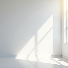 Bright sunlight beam shining on empty minimal white wall, bright, space, interior