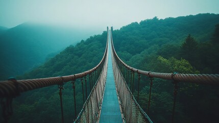 Obraz premium Misty suspension bridge through lush forest