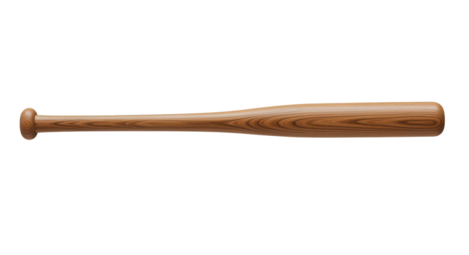 A wooden baseball bat centered on black displaying woodgrain detail and classic shape