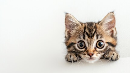 Fluffy Bengal kitten with distinctive spots, peeking out from a white background.