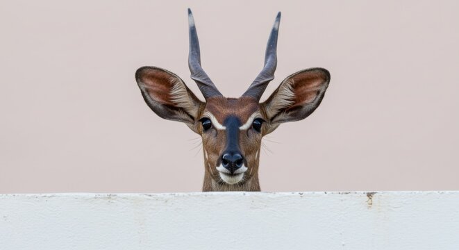 Intriguing gaze portrait of a bushbuck looking over a wall outdoors