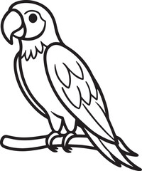 cute macaw sitting on branch line art, black outline, vector and illustration, coloring book page line art drawing