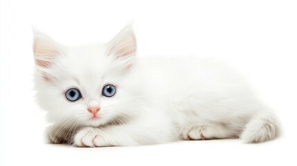 Fluffy white kitten with blue eyes and a sweet expression, isolated on white.