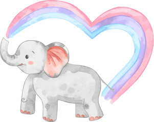 Watercolor baby elephant playing with rainbow. Cute animal illustration for prints, birthday, baby shower, nursery decorations, card invitation.