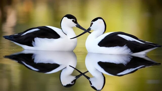 Two elegant black and white avocets on tranquil water with reflections, a serene wildlife scene