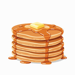 A flat vector art of a delicious stack of pancakes with syrup and butter dripping down, designed on a clean solid white background.