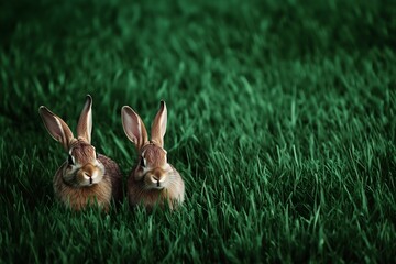 A charming portrait of two wild brown rabbits sitting together in a vibrant green meadow. This adorable pair of hares looks curiously at the camera, a perfect depiction of wildlife in nature