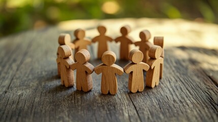 Wooden figures forming a circle, symbolizing unity and teamwork on a rustic wooden surface.