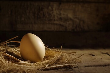 Single fresh brown chicken egg resting in a natural straw nest on a rustic wooden background. Dramatic warm lighting symbolizing new life, farming, and organic food concepts