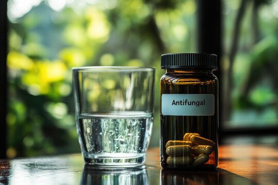 glass of water with antifungal pill bottle