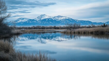Naklejka premium Winter Serenity: Mountain Lake Reflection