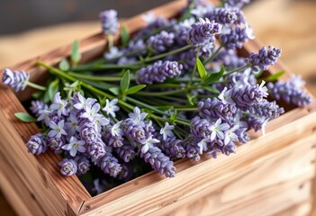 Fototapeta premium Delicate lavender blossoms nestled in a rustic wooden box, box, natural