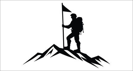 Fototapeta premium Silhouette Of Man Placing Flag On Mountain Peak Conquering Achievement