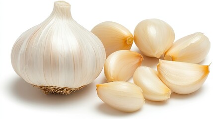 Fresh Garlic Bulbs and Cloves on White Background