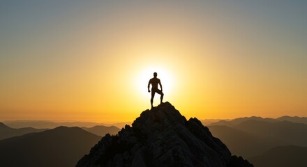 Silhouette of a strong man standing victoriously on a mountain peak at sunset achieving success and freedom in nature