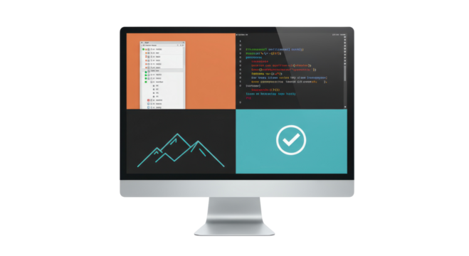 Isolated Modern Desktop Computer with Coding and Mountain Graphics