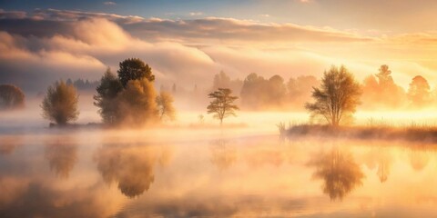 Fototapeta premium Golden Sunrise Mist Over Tranquil Water, Silhouetted Trees Reflecting in Calm Lake