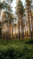 Obraz premium Ascending pines canopy bathing in gentle light in a tranquil landscape