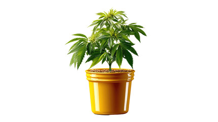 Obraz premium A Thriving Green Cannabis Plant: a close-up shot of a healthy, vibrant cannabis plant in a small, stylish yellow pot, embodying the beauty of nature, with a strong, eye-catching visual narrative.