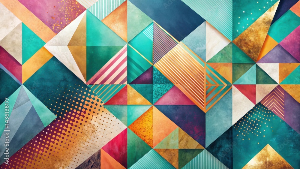 Poster abstract geometric textile design featuring vibrant hues and textured triangles