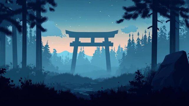 Digital painting of a forest with torii gate silhouette against a misty landscape, featuring coniferous trees and serene aesthetic at dusk.