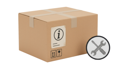 Isolated Cardboard Box with Information Label and Tools Icon