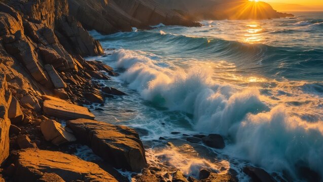 Crashing Waves on Rocky Coastline at Sunset with Golden Light