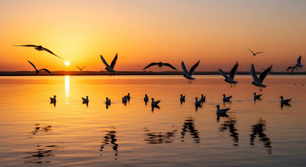 Golden Sunrise Serenity Tranquil Waters Birds in Flight Coastal Beauty Scenic Nature Landscape Photography Wildlife Seagulls