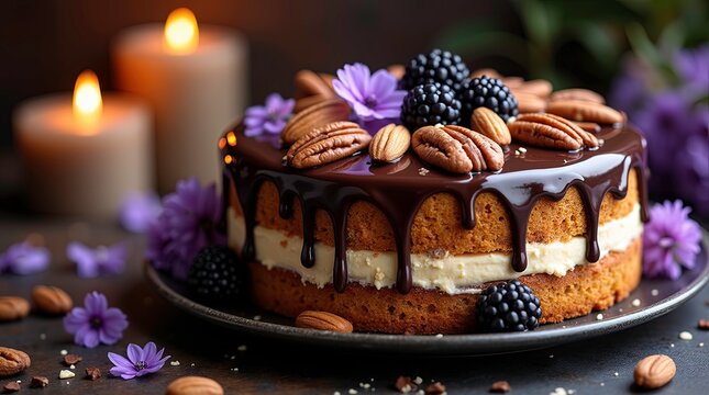 Tempting pancakes featuring ripe blueberries, a hint of orchid leaves, and a lavish mapple syrup drizzle. A perfect visual representation for recipes