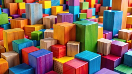 Obraz premium Vibrant Wooden Blocks Create Abstract Colorful Structure, Representing Growth and Development Through Interlocking Shapes and Varied Heights