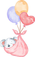 Cute baby koala sleep inside the pink wrap with balloons. Watercolor element suited for baby room decoration, nursery, and baby shower project. © Zuanshi