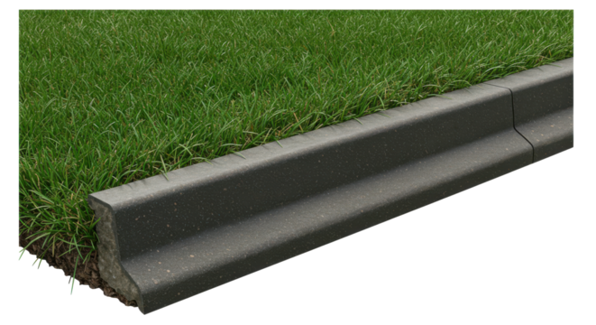 Concrete lawn edging frames vibrant green grass against a dark backdrop