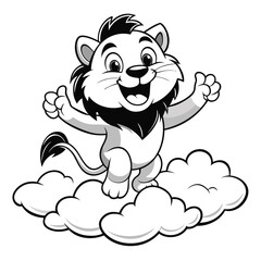 Obraz premium Happy Cartoon Lion Joyfully Standing on a Cloud