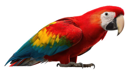 Obraz premium Scarlet Macaw Portrait: A vibrant scarlet macaw with striking red, yellow, and blue plumage, perches majestically, showcasing its beauty and intricate wing details. 